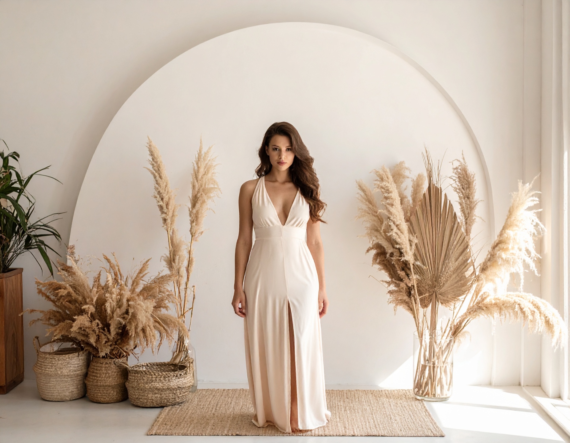 A woman in a flowing blush gown stands before a circular arch surrounded by pampas.