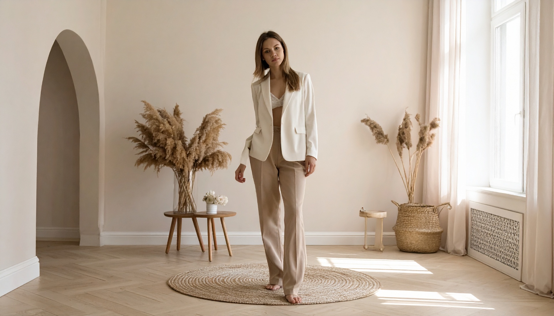 A woman in a cream blazer stands composed in a sunlit minimalist room.